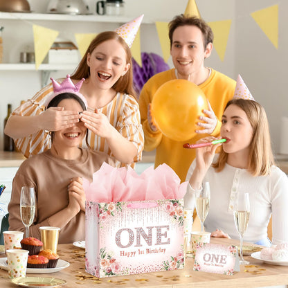 Laidans Rose Gold One Year Old Happy Birthday Gift Bag with Tissue Paper and Card for Bday Party Supplies (Rose Gold) (1st)