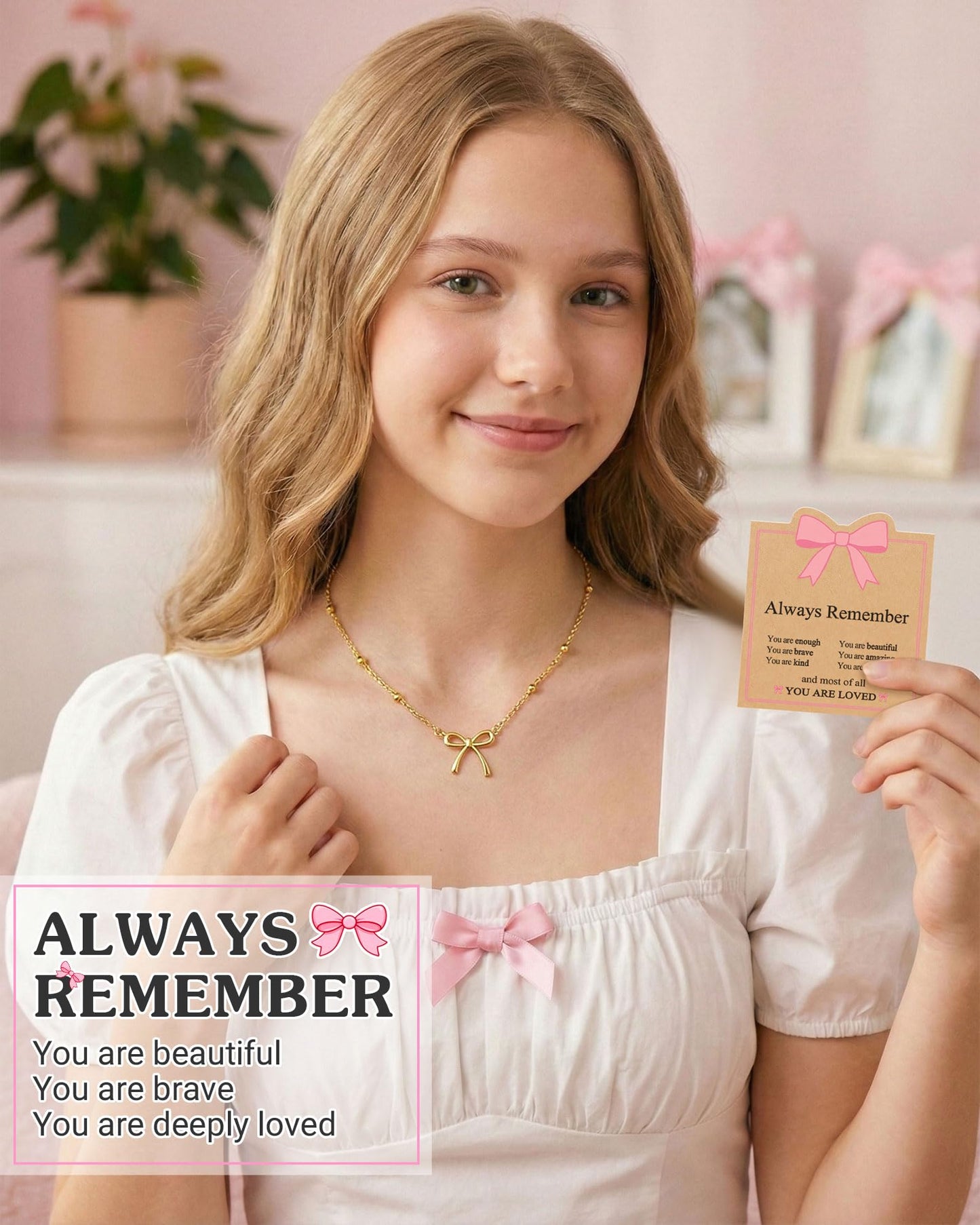 UNGENT THEM Always Remember You Are Loved - Cute Preppy Girly Trendy Stuff Gold Bow Necklace for Women Teen Girls