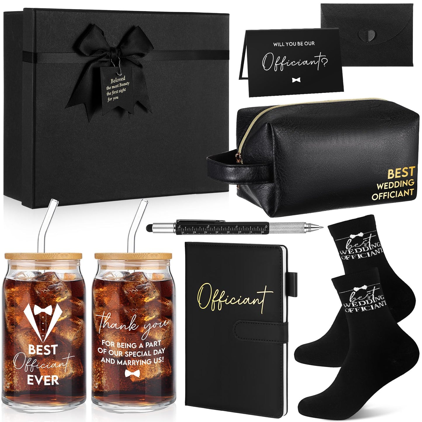 Baderke 8 Pcs Best Officiant Gifts Wedding Proposal Set 16 oz Glass Cup with Lids Straw, Leather Toiletry Bag, Officiant Book, Functional Pen, Socks, Greeting Card Envelope with Gift Box for Sermon