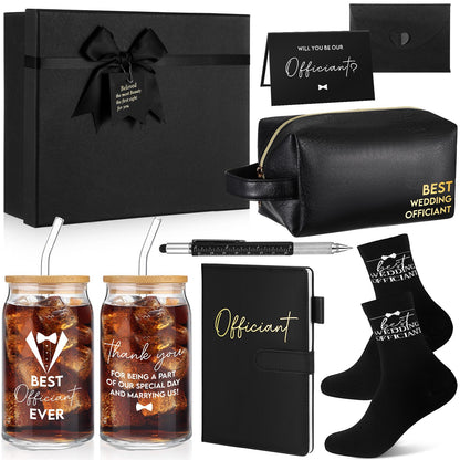 Baderke 8 Pcs Best Officiant Gifts Wedding Proposal Set 16 oz Glass Cup with Lids Straw, Leather Toiletry Bag, Officiant Book, Functional Pen, Socks, Greeting Card Envelope with Gift Box for Sermon
