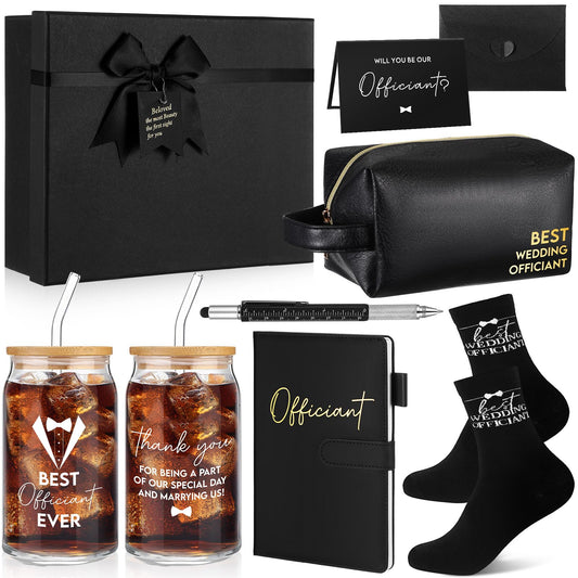 Baderke 8 Pcs Best Officiant Gifts Wedding Proposal Set 16 oz Glass Cup with Lids Straw, Leather Toiletry Bag, Officiant Book, Functional Pen, Socks, Greeting Card Envelope with Gift Box for Sermon