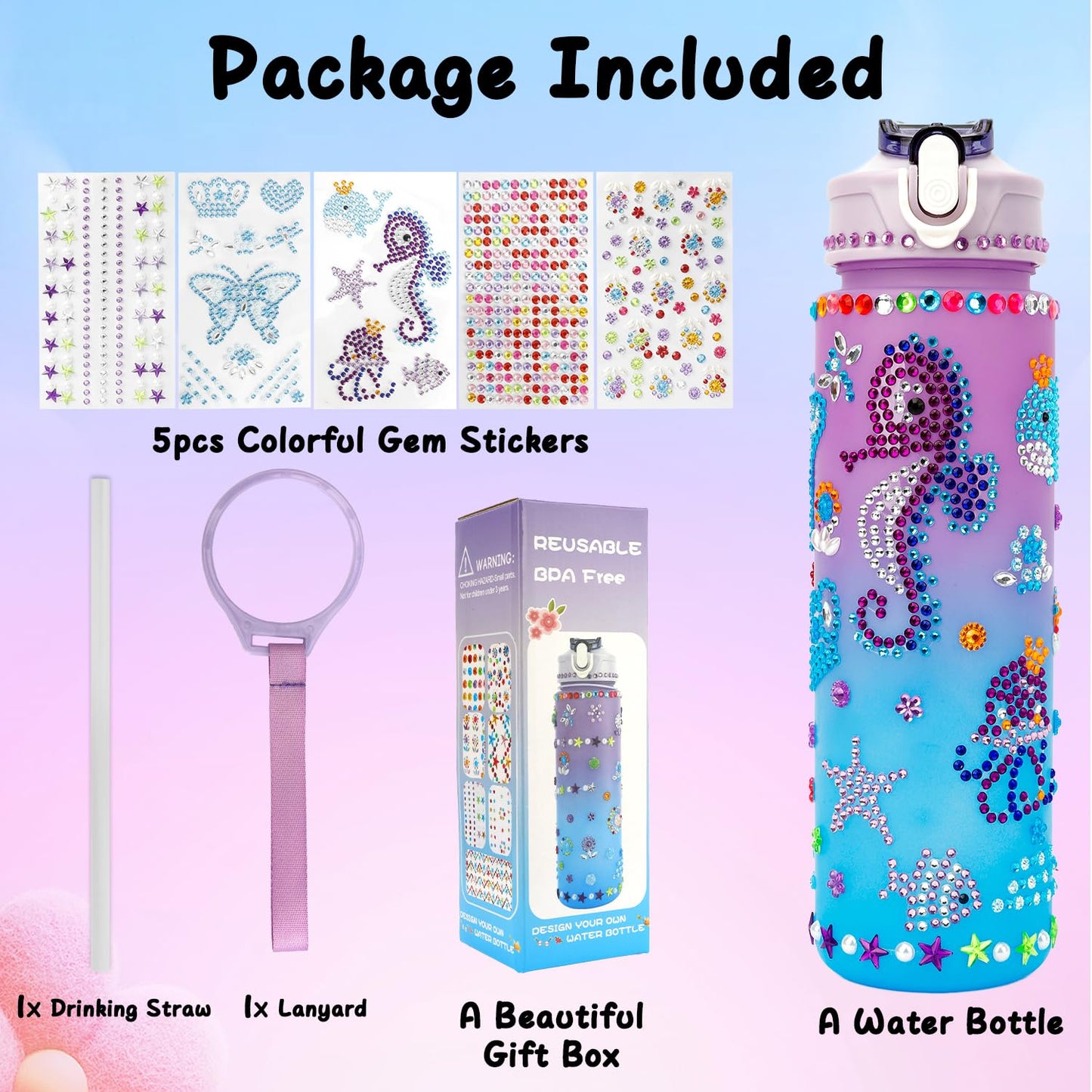 Decorate Your Own Water Bottle Kit for Girls 4-12 Girls Water Bottle Gem Stickers DIY Arts and Crafts Kits Supplies 5 6 7 8 9 10 Year Old Girl Easter Birthday Gifts Easter Basket Stuffers Purple