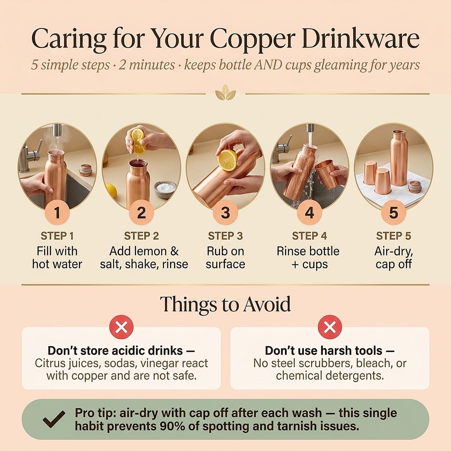 Pure Copper Water Bottle and 2 Tumblers Set - 3 Piece Handcrafted Drinkware Gift Set | 34 Oz Bottle + Two 10 Oz Cups | Jointless Leakproof Ayurvedic Wellness & Hydration