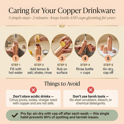 Pure Copper Water Bottle and 2 Tumblers Set - 3 Piece Handcrafted Drinkware Gift Set | 34 Oz Bottle + Two 10 Oz Cups | Jointless Leakproof Ayurvedic Wellness & Hydration