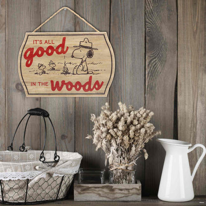 Peanuts Snoopy It's All Good In the Woods Hanging Wood Wall Decor - Fun Snoopy Sign for Cabin, Lake House or Camper