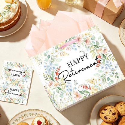 MOIZYNG Retirement Gift Bag with Handles, Tissue Paper and Greeting Card, Floral Happy Retirement Wrapping Paper for Men Women Office Coworker Farewell Going Away Party Favors