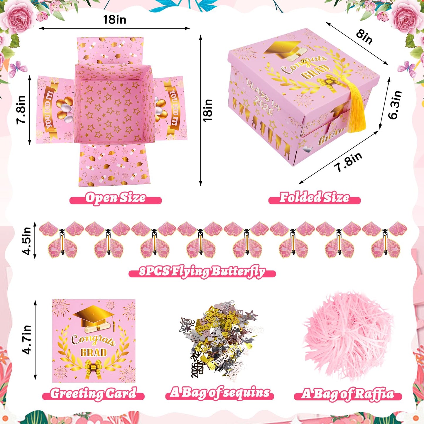 Graduation Gift Boxes 2026, Surprise Gift Box Explosion with 8 Pcs Flying Butterfly Photo DIY, Graduation Box 2026 Exploding Gift Box for High School College Graduate Party Decoration (Pink & Glod )