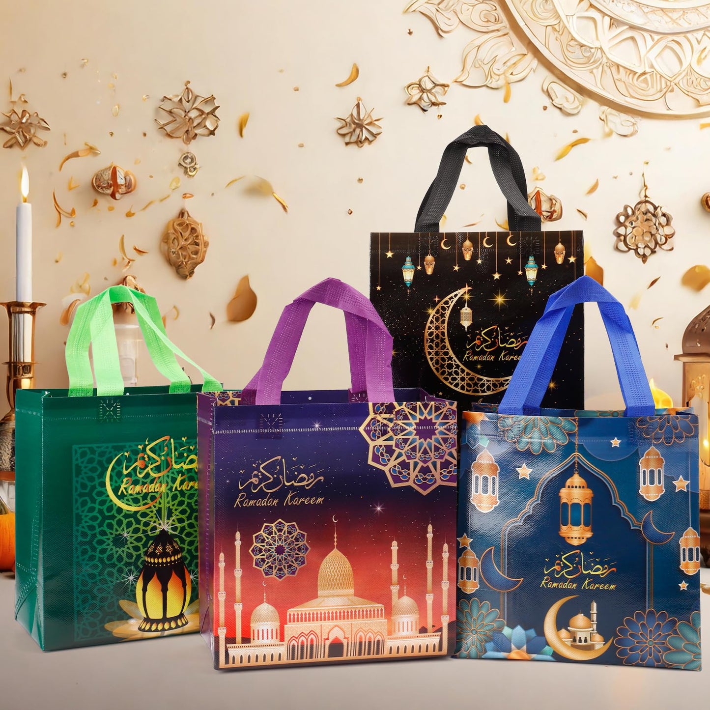 Ramadan Gift Bags, 8Pcs Medium Size Bulk Ramadan Mubarak Bags for Gifts, Reusable Non-Woven Eid Goodie Bag with Handles Treat Bag Perfect for Kareem Eid Mubarak Gift Wrap Goody Party Favor Supplies