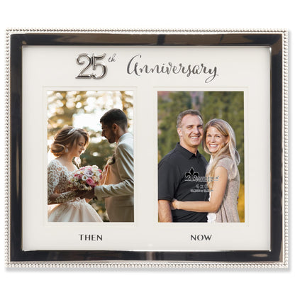 4x6 Double Silver Beaded Metal 25th Anniversary Picture Frame, Then and Now