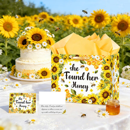 Woosytoo Bridal Shower Gift Bag Bee Bridal Shower Decorations She Found Her Honey Gift Wrapping Paper Bag with Greeting Card or Engagement Bride to Be Wedding Party, Bachelorette Party Supplies