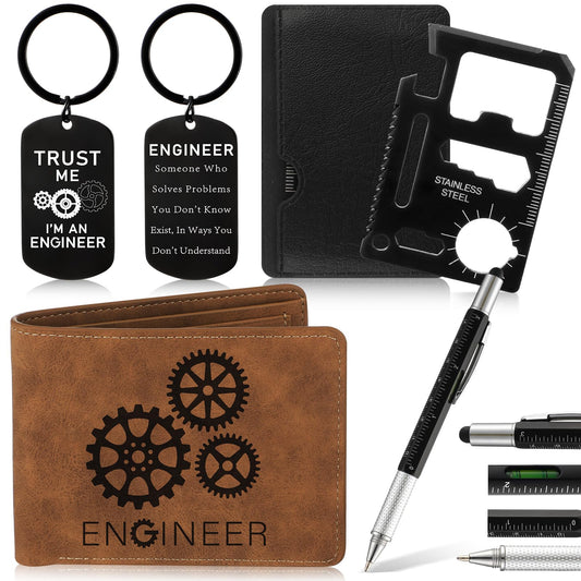 4 Pcs Engineer Gifts Set for Men with Retro Brown Wallet 6 in 1 Multi Tool Pen Retro Keychain 11-in-1 Credit Card Multitool Engineer Gift Box for Men Birthday Party Favors
