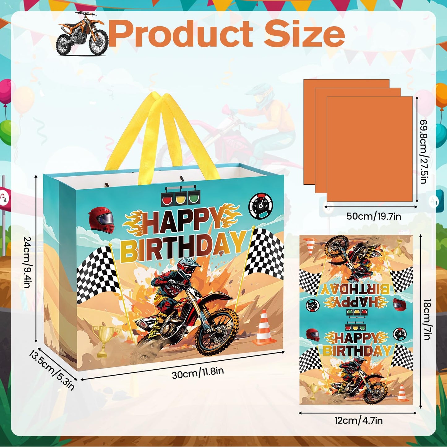 Woosytoo Dirt Bike Birthday Gift Bag for Boys Motorcycle Birthday Party Bag with Tissue Paper and Card Motorcycle Bday Party Decorations for Dirty Bike Bday Funny Games Party Supplies