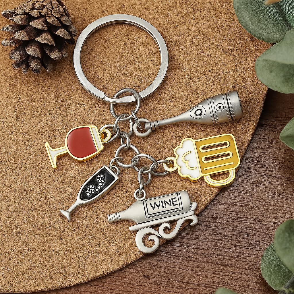 Wine Lover's Keychain Bag Charm for Womens – with Wine Glass, Champagne, Beer Mug, Bottle & Opener, Funny Keychians Gifts for Women Men Wine Lovers, Bartenders, Party Accessories