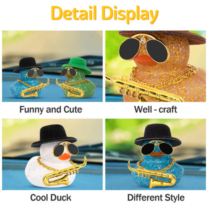wonuu Car Dashboard Ducks, Saxophone Decor Rubber Duck Car Ornaments with Mini Top Hat Necklace Sunglasses (Light Blue)