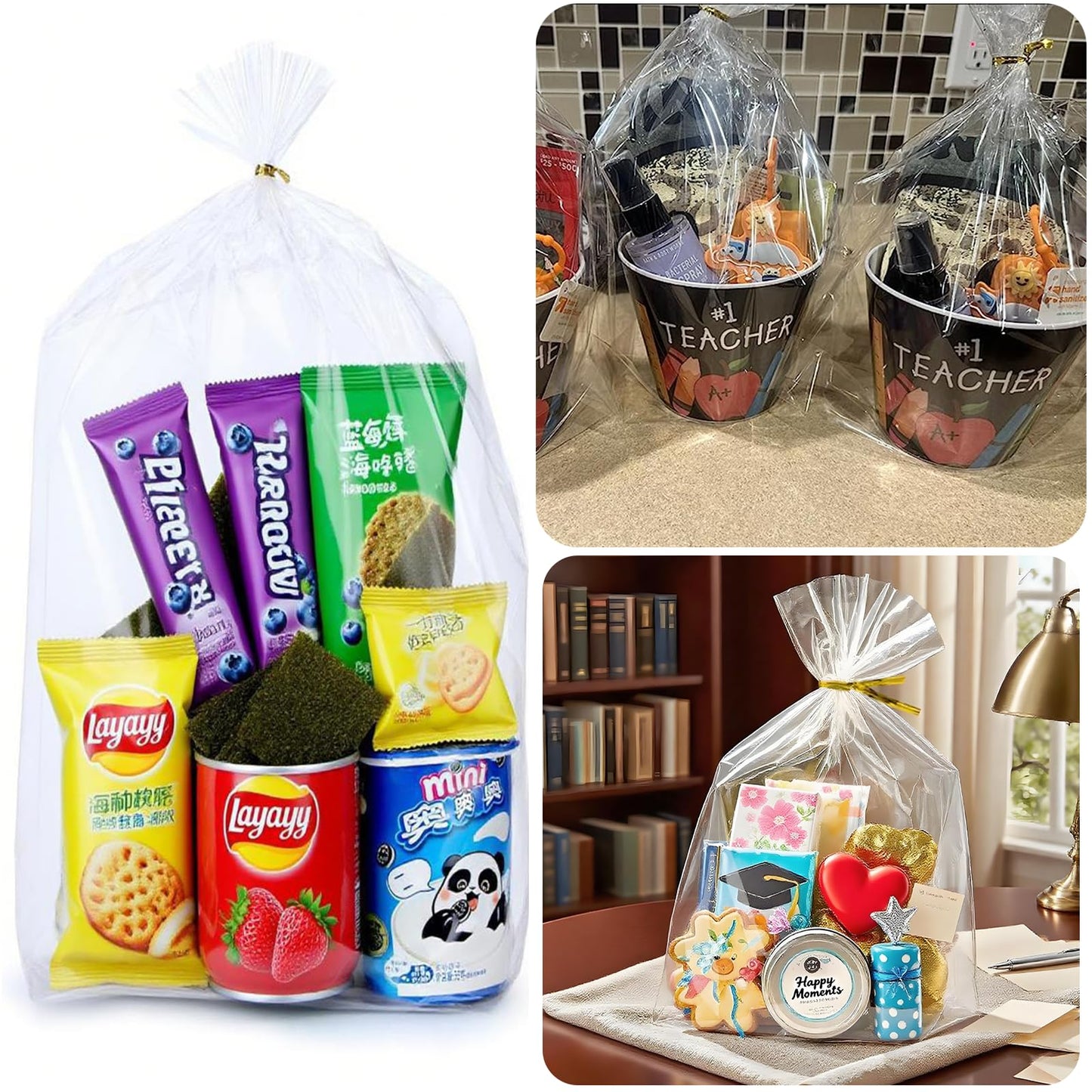 50 pieces 14x18 inch Cellophane Wrap Cello Cellophane Treat Bags Clear Flat for party gift wrapping, bakery, cookies, candies, desserts, basket wrapping with colorful twist ties