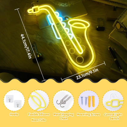 CoolGift Mart Saxophone Neon Sign, Dimmable LED Saxophone Room Decor Light With USB Powered, Decorations for Bedroom Living Room Club Music Studio, Gifts for Saxophone Enthusiasts Music Lovers