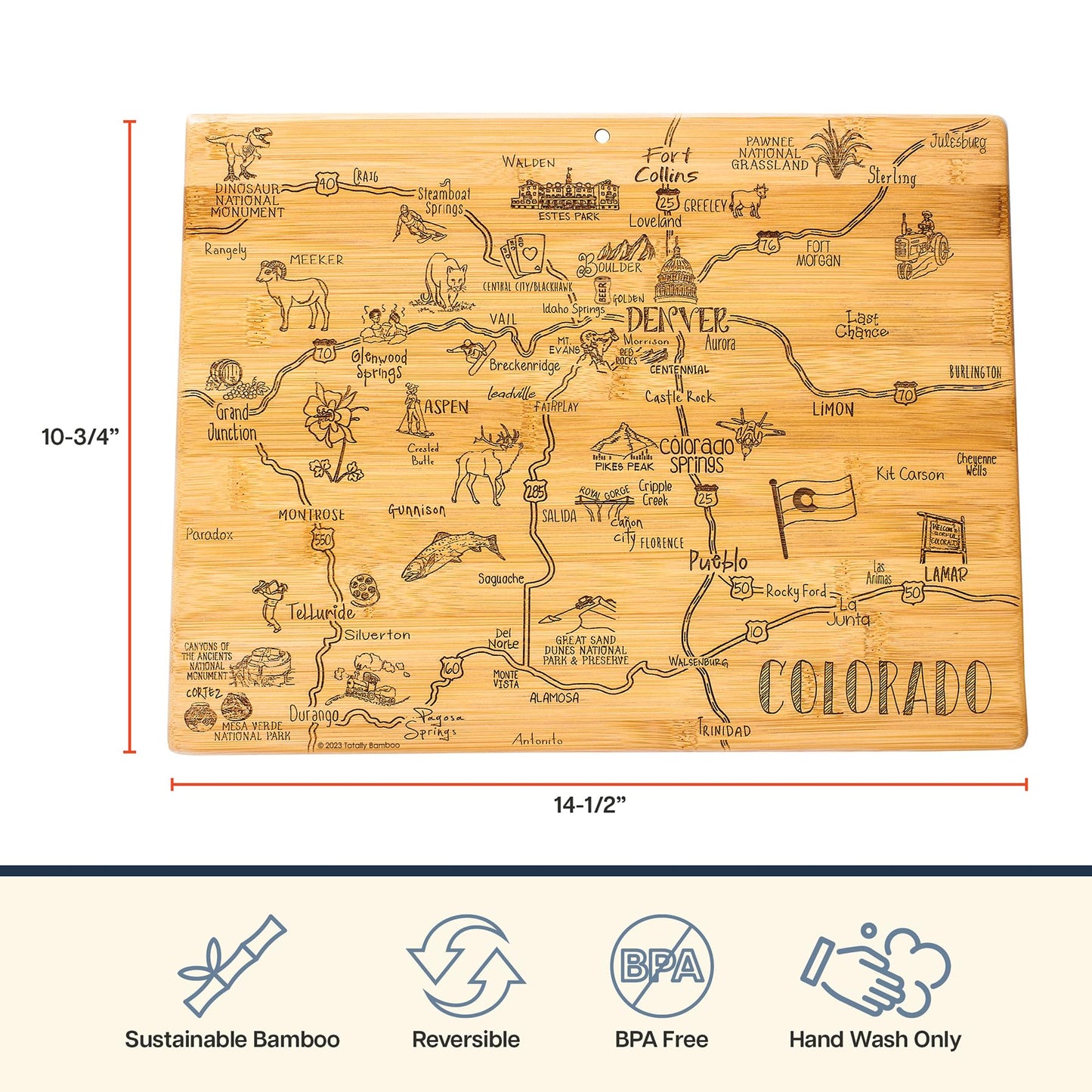 Totally Bamboo Destination Colorado Shaped Cutting Board – Bamboo Charcuterie and Serving Board with Hang Tie for Wall Display