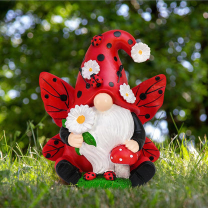 Ladybug Gnome Garden Decor, Fairy Gnome Figurine with Flowers, Spring Summer Outdoor Garden Decorations for Yard Lawn Patio, Garden Gifts for Women