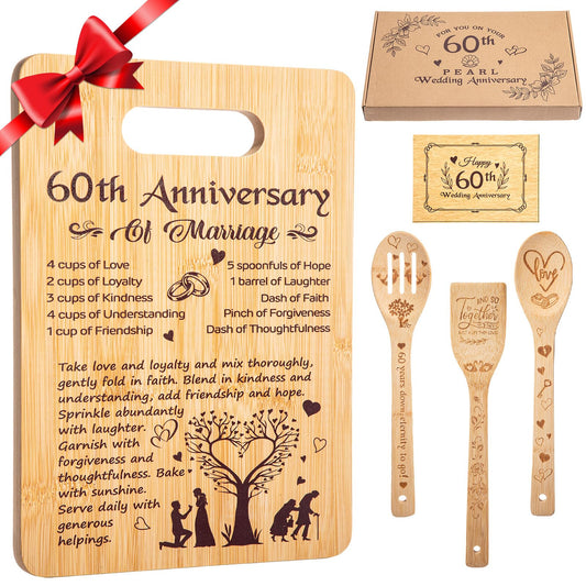 5 Pcs Wedding Kitchen Serving Board Set Anniversary Married Gifts for Women Men Husband Wife Parents Couple Pearl Ruby Golden Diamond Anniversary-recipe for a Happy Marriage(60th)