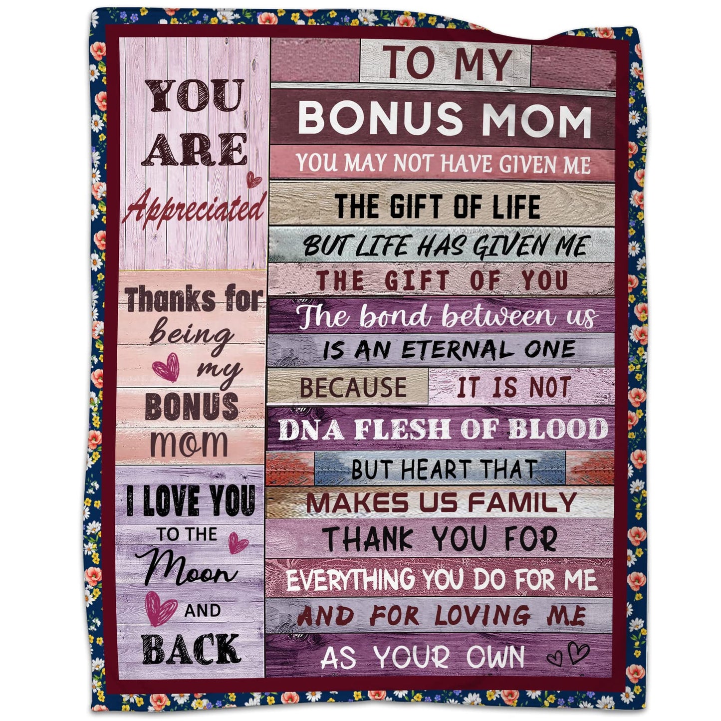 Bonus Mom Gifts Blanket from Daughter Son, Stepmom Birthday Gifts for Bonus Mother Stepmother Mothers Day Christmas Thanksgiving Gift Throw Blankets 50" x 60"