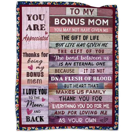 Bonus Mom Gifts Blanket from Daughter Son, Stepmom Birthday Gifts for Bonus Mother Stepmother Mothers Day Christmas Thanksgiving Gift Throw Blankets 50" x 60"