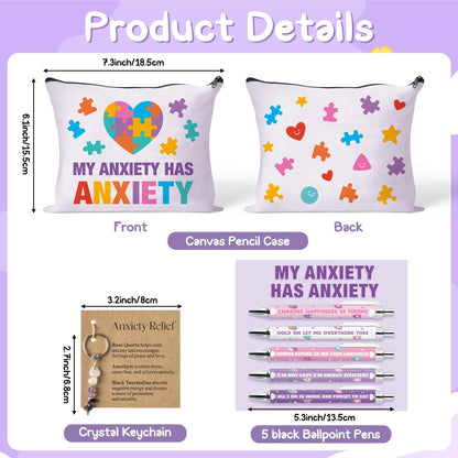 CY2SIDE Anxiety Funny Gift Set for Adult- Relief Black Ink Ballpoint Pen with Sayings for Anxiety, Canvas Makeup Bag & Crystal Keychain for Women Mental Health Month Gift for Coworker Friends Nurse
