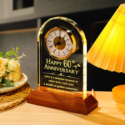 YWHL 60th Wedding Anniversary Clock Gifts for Parents Grandparents, 60 Years Anniversary Couple Gift, Table Clock Glass Presents with Wooden Light Base for Home Decoration (Battery not Included)