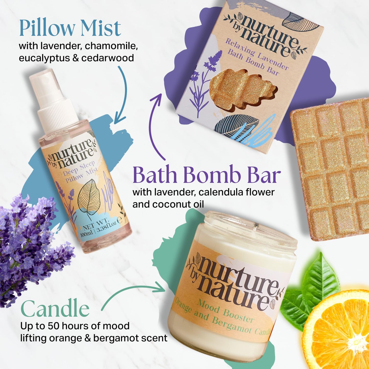 Nurture by Nature Spa Gifts for Women - Mothers Day Gifts for Mom, Self Care Gift Set & Spa Gift Basket for Women, 6 Piece Bath Set with Candle, Bath Bomb, Salts & Pillow Spray - Relaxation Gifts