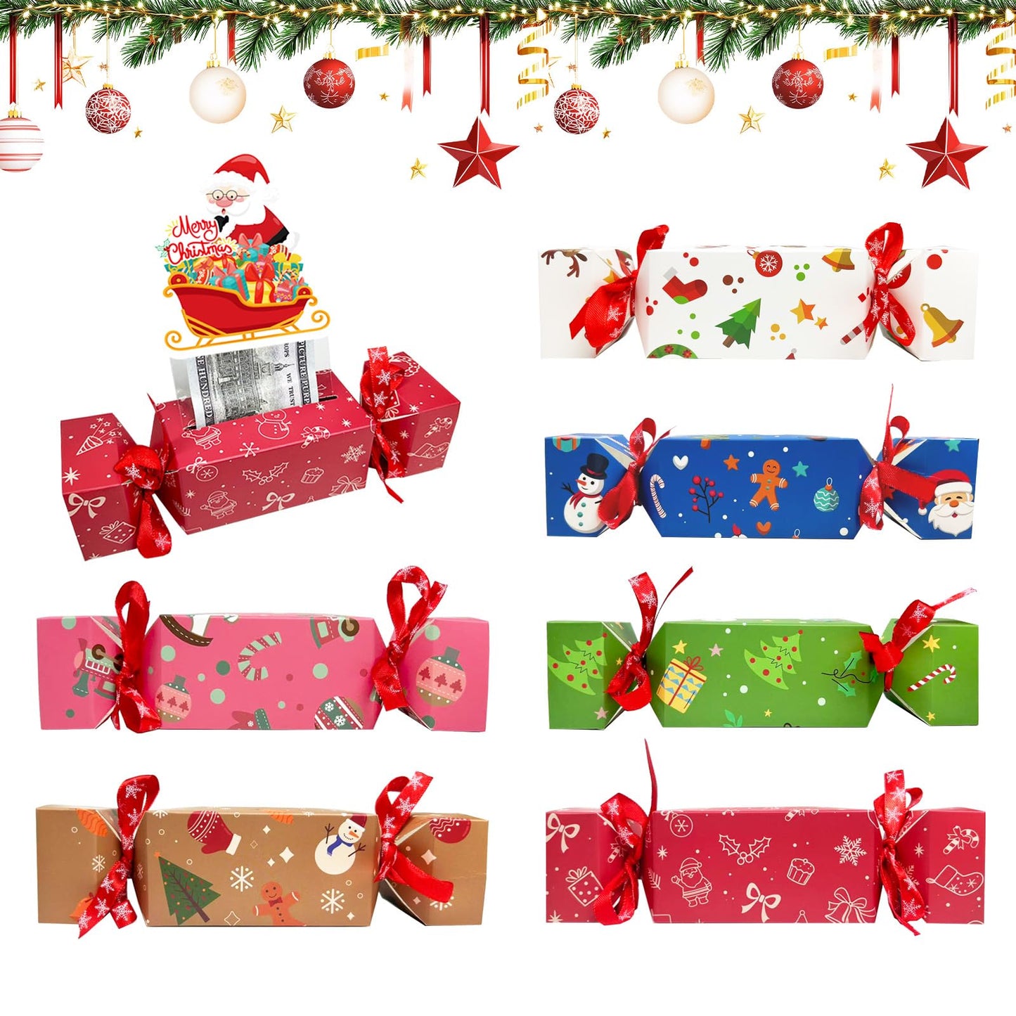 YQUQWN 24PCS Large Christmas Money Box for Cash Gift Pull, Funny Surprise Box Money Gift Boxes for Adults with 360 Transparent Bags, Creative Exploding Money Holders