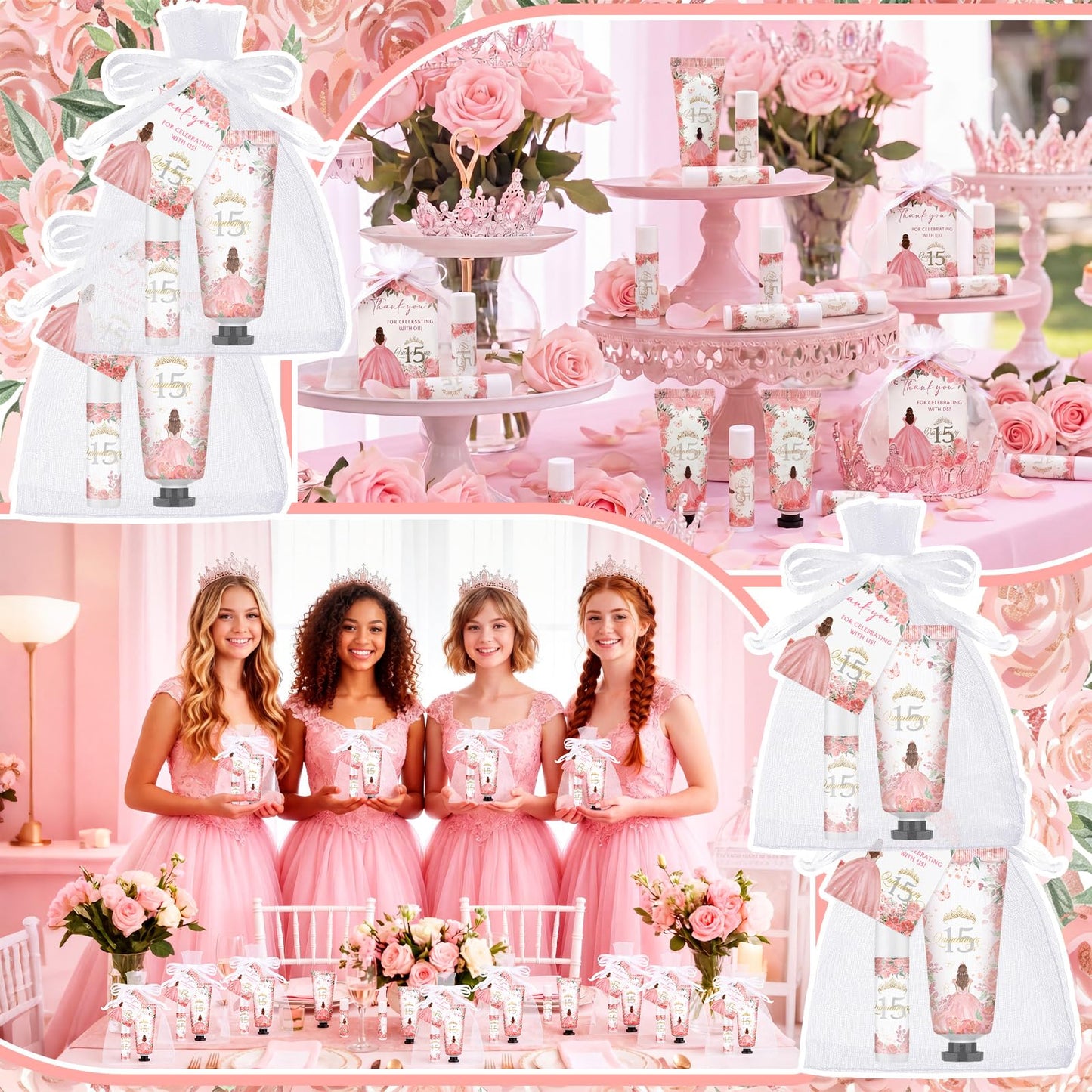 Leelosp 25 Set/100 Pcs Quinceanera Party Favor for Guest with Travel Size Hand Cream, Lip Balm, Card, Organza Bags Quinceanera Gift Set Sweet 15th Party Supply Birthday Souvenir (Pink)