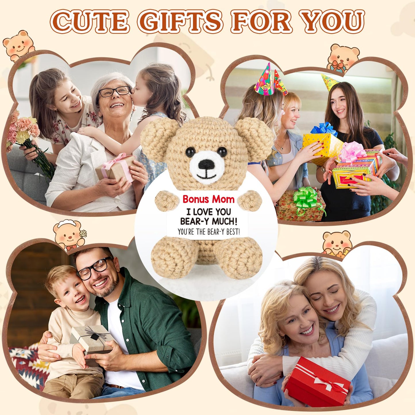 WELLBANEE Mother Gift Bonus Mom, Handmade Crochet Bear for Sentimental Mothers Day Birthday Present for Stepmom, Appreciation Keepsake for The Best Bonus Mom Ever, Small Desk or Shelf Décor Bear