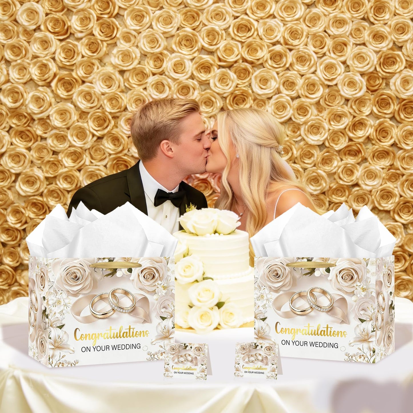 TagreSpike Wedding Gift Bag for Bride and Groom Elegant White Rose & Gold Rings Gift Wrapping Bag with Tissue Paper and Card - Congratulations Present Sack for Bridal Shower, Engagement, Marriage