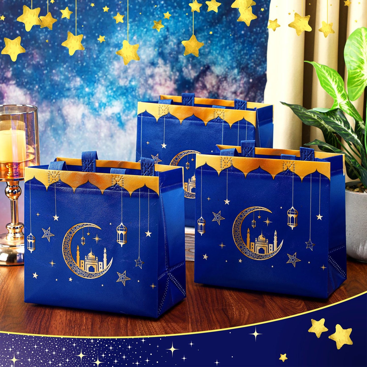 Resurhang 16 Pcs Eid Al Adha Party Reusable Gift Bags with Handles, Muslim Treat Non Woven Ramadan Goodie Bags for Eid Al Adha Muslim Party Supplies(Blue)