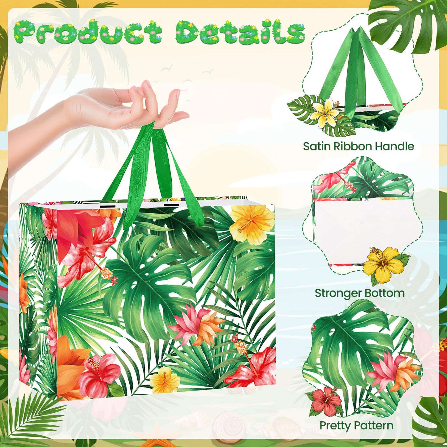 Luau Hawaiian Gift Bag Aloha Tropical Birthday Wrapping Paper Bag with Tissue Paper and Greeting Card Summer Palm Leaves Goodie Treat Bags for Baby Showers Birthday Hawaii Party Decor Supplies