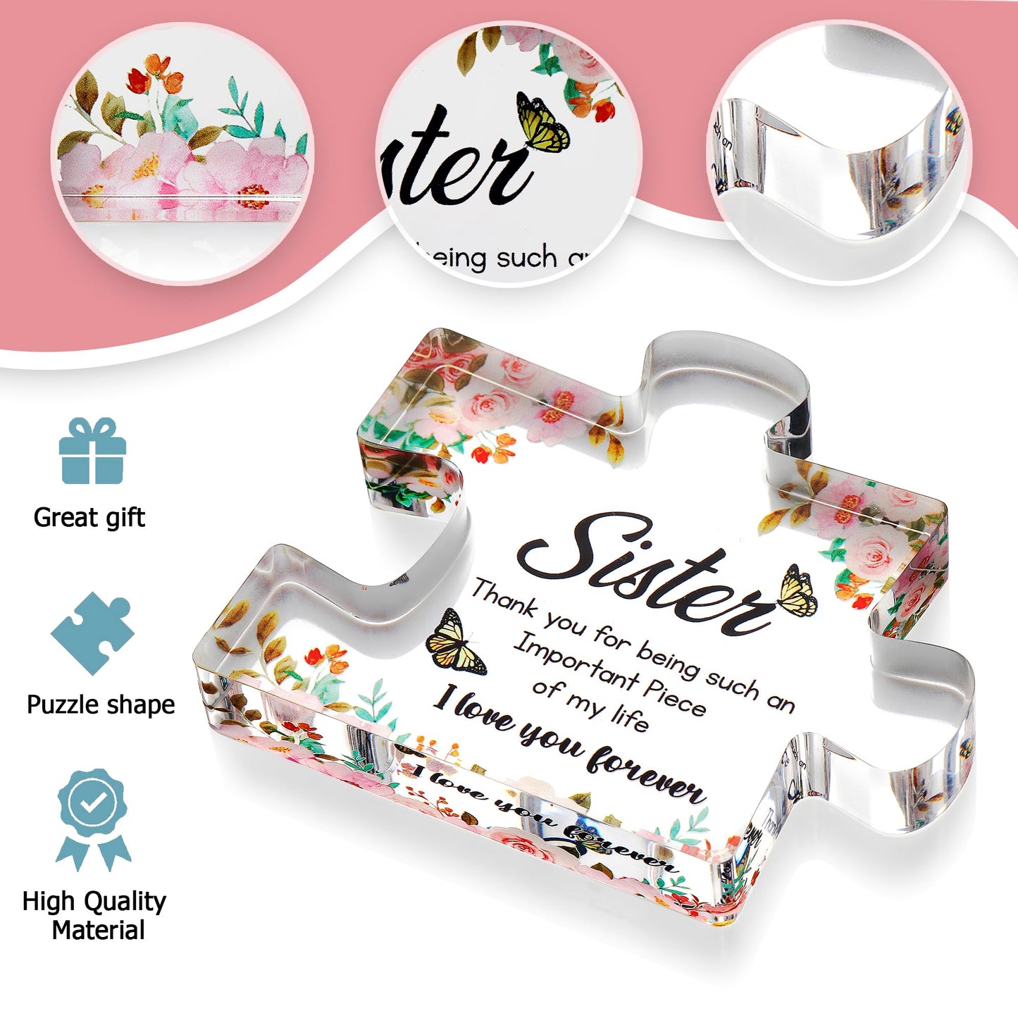 VELENTI Gifts for Mothers Day - Sister Engraved Acrylic Puzzle Piece with Heartfelt Message - Perfect Sister Birthday, Thanksgiving, Paperweights - Cute Decoration for Home, Office