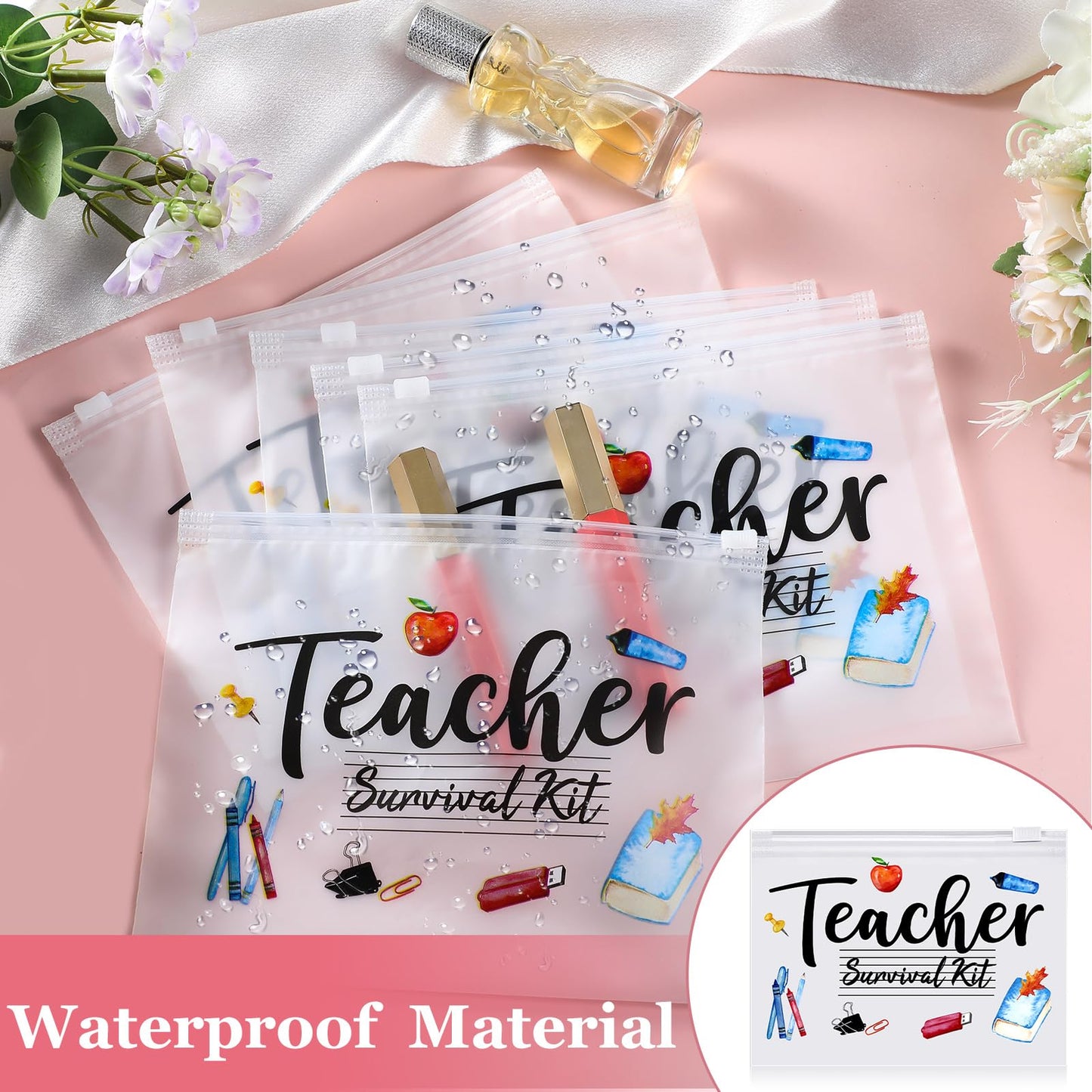 60 Pcs Teacher Appreciation Gifts Bulk Small Waterproof Makeup Toiletry Bag Pouch Cosmetic Pencil Bag Thank You Gifts for Women Men Travel Graduation Season Supplies(Teacher Survival Kit)