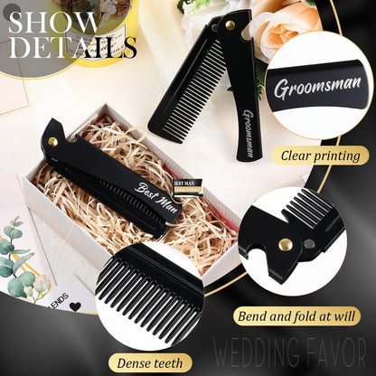6 Pcs Groomsmen Gifts Folding Beard Comb for Men with Opener Groomsmen Gift Set of 6 Best Man Proposal Gift Combs Hair Mustache for Wedding Party Favor Grooming Detangling(Stainless Steel,Black)