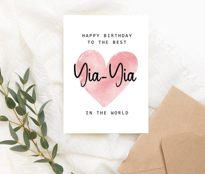 Happy Birthday Card - Yia-Yia, Grandmother, Modern, Pink and White, Love, 5 x 7 inches