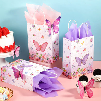 16 Pack Butterfly Goodie Bags with Handles - Sydney Paper Pink Purple Birthday Present Bags for Kids Baby Shower Party Decorations