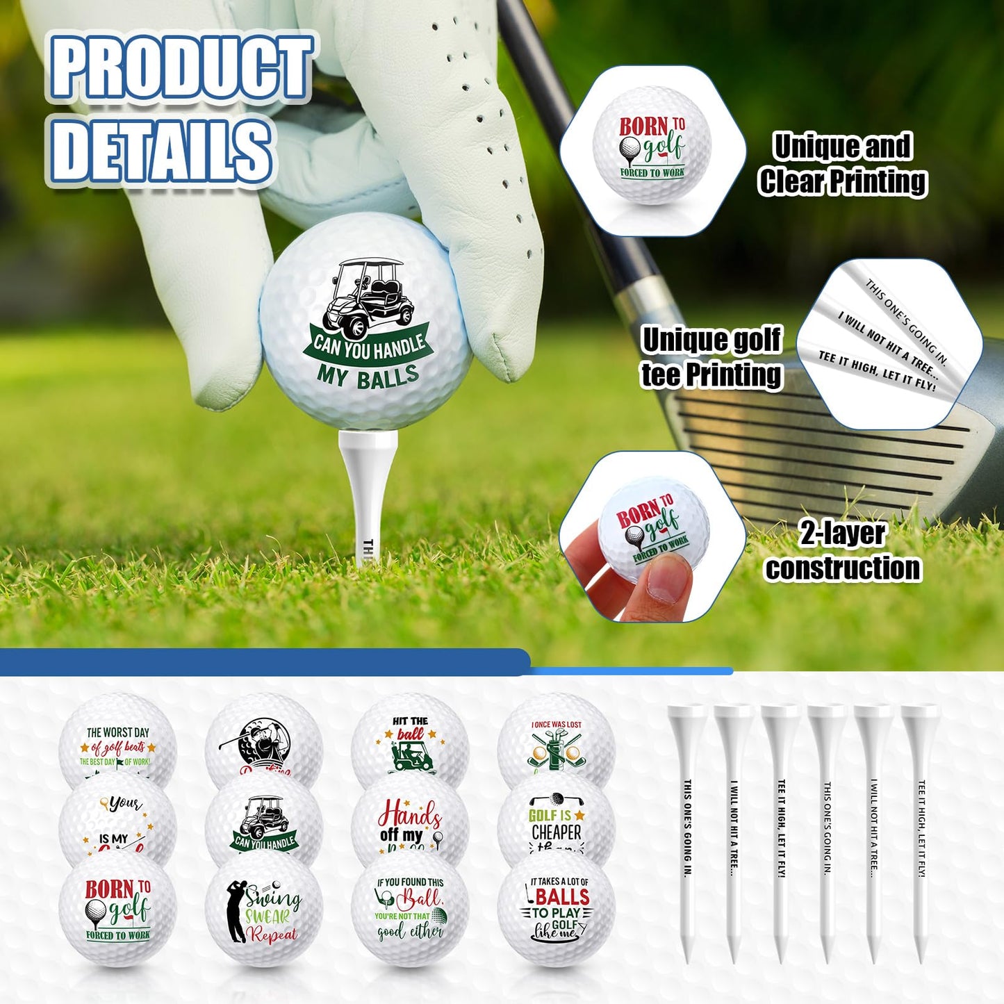 MiniInflat 18 Pcs Funny Golf Balls Gifts Set 12 Humor Golf Balls and 6 Tees for Men Women Coworkers Employees Golfers Birthday Retirement