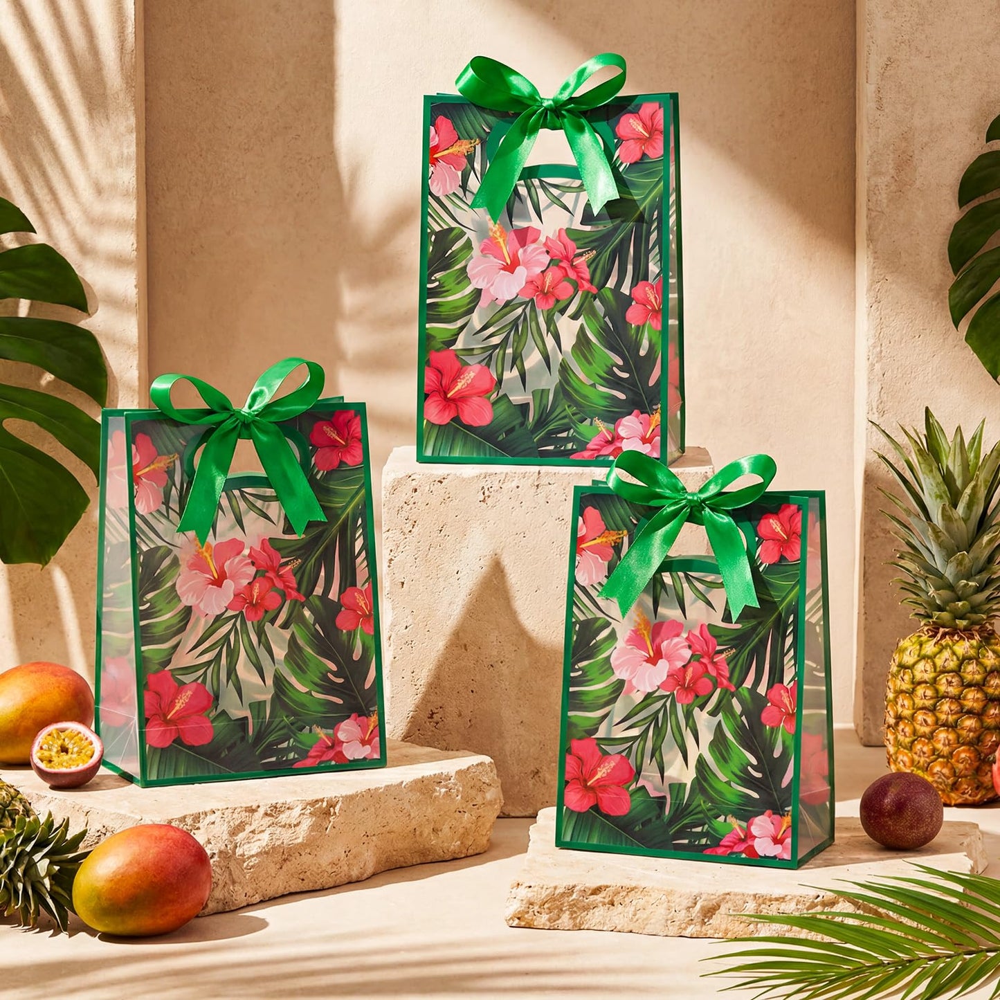 Geyoga 24 Pcs Hawaii Aloha Gift Bags with Handles 7x10x3.15 Inch Tropical Luau Clear Reusable PVC Gift Bag with Ribbon for Women Wedding Birthday Baby Shower Bridal Shower Summer Spring Party Supplies