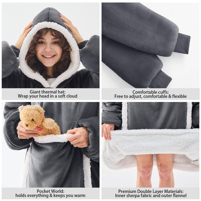 JOYWOO Wearable Blanket Hoodie, Birthday Gifts for Women Men Mom, Oversized Hooded Blanket for Adult, Cozy Fuzzy Sherpa Sweatshirt Blanket with Giant Pocket,Grey