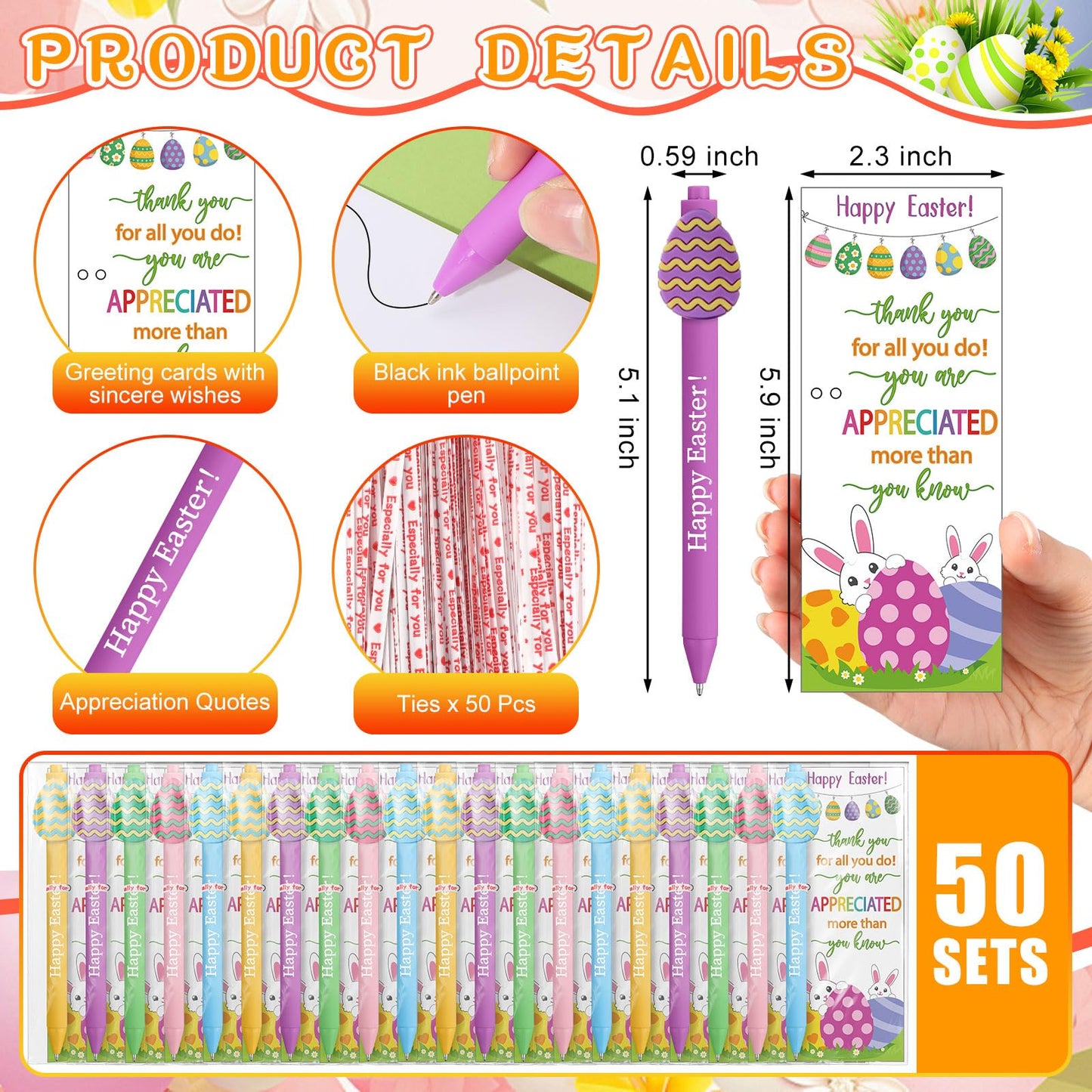 Gersoniel 50 Sets Easter Gifts Bulk Easter Appreciation Gifts for Coworker Happy Ballpoint Pen Thank You Greeting Cards and Ties for Office(Easter Eggs)