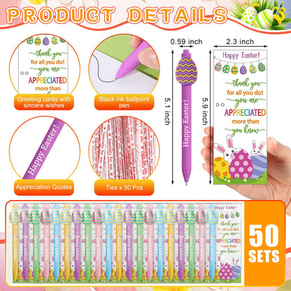 Gersoniel 50 Sets Easter Gifts Bulk Easter Appreciation Gifts for Coworker Happy Ballpoint Pen Thank You Greeting Cards and Ties for Office(Easter Eggs)
