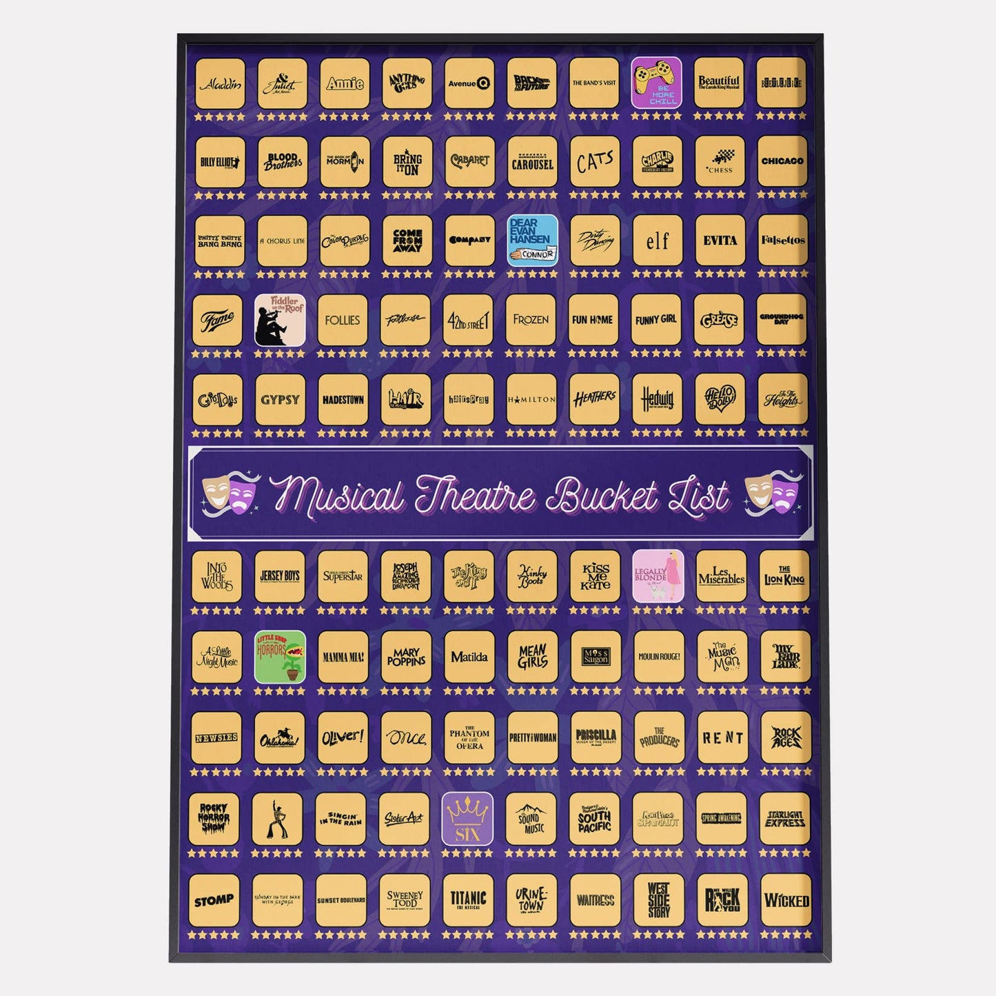 100 Musical Theater Shows Scratch Off Poster - Gift for Musical Theatre Fans & Broadway Lovers - 23"x17"