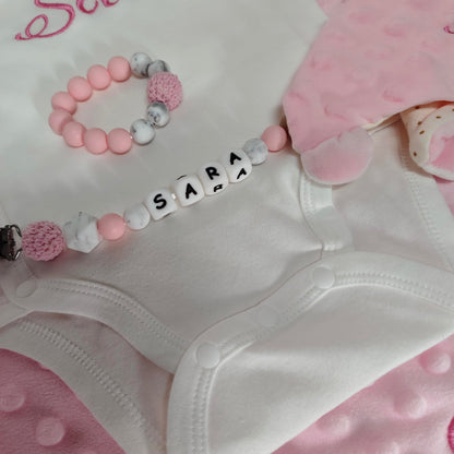 Personalized Newborn Baby Gift Sets, Customized Essential Stuff for Newborn Girl, Custom Embroidered Baby Blanket Onesie Hat Beanie Pacifier Clip Security Blanket with Name