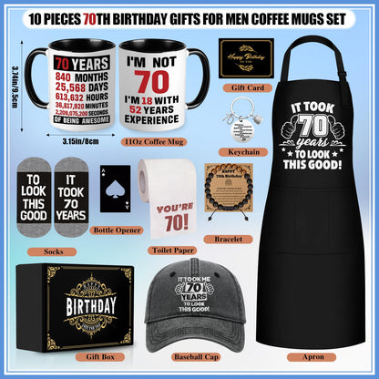70th Birthday Gifts for Men Coffee Mug Set, 70th Birthday Party Supplies, Turning 70 Gift with 11 Oz Ceramic Cup Baseball Cap Apron Sock Bracelet Toilet Paper Keychain for Him, Dad, Husband, Friends
