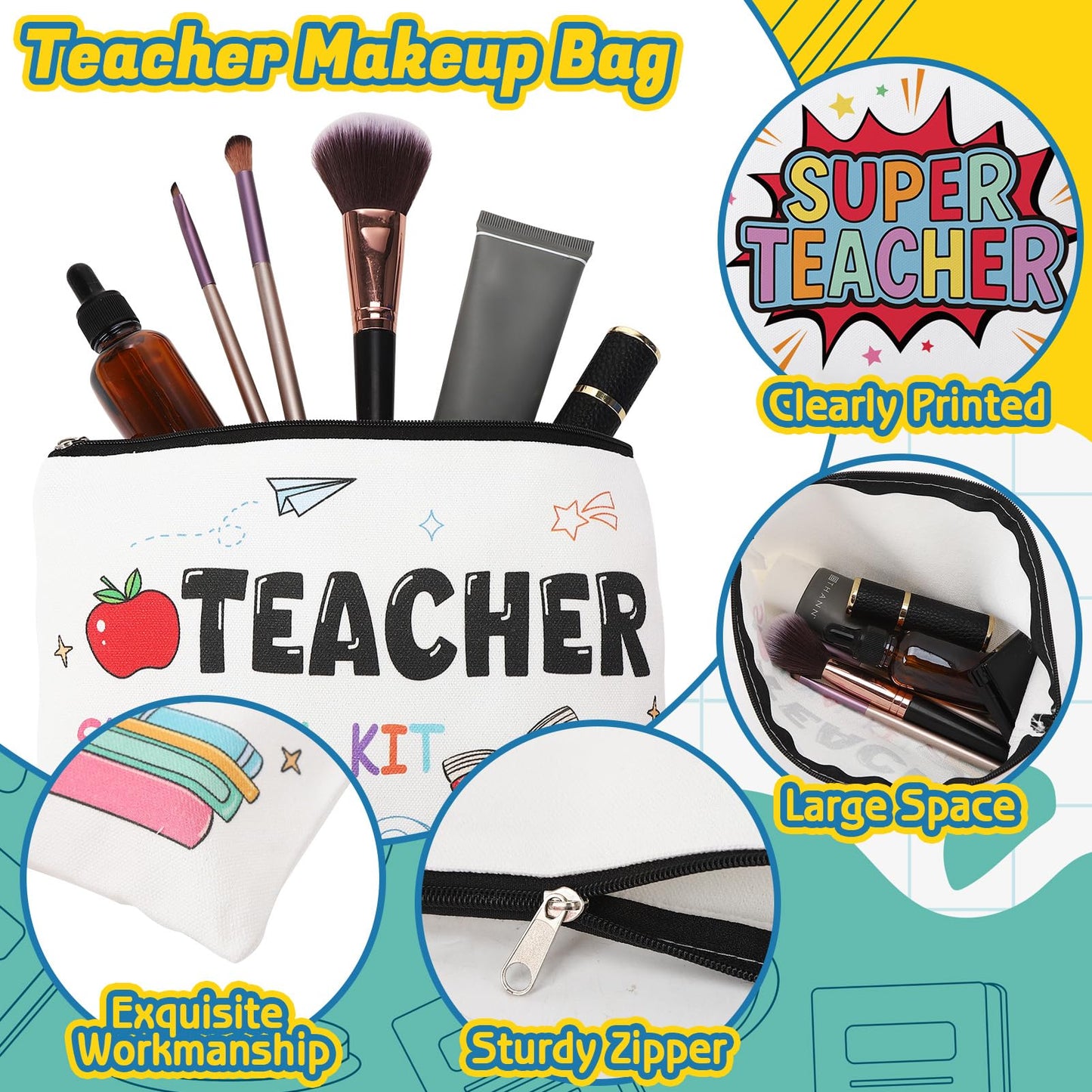 52 Pcs Teacher Appreciation Gifts Bulk 10 Set Thank You Teachers Gifts 16oz Plastic Cups with Lid Makeup Bags Bookmarks Pens Sticky Note Pads for Graduation Teacher’s Day Back to School