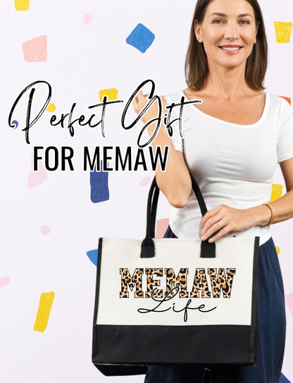 InnoBeta Memaw Gifts Canvas Tote Bag for Grandma, Memaw Life Bag with Top Zipper Closure and Shoulder Strap for Birthday, Mother's Day, Christmas