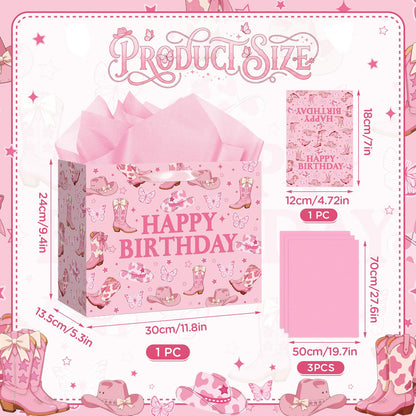 TagreSpike Cowgirl Birthday Gift Bag, Western Bow Happy Birthday Wrapping Bag with Tissue Paper and Card Coquette Bow Boots Treat Bags for Girls Rodeo Birthday Party Supplies - Pink Cow Print Boots